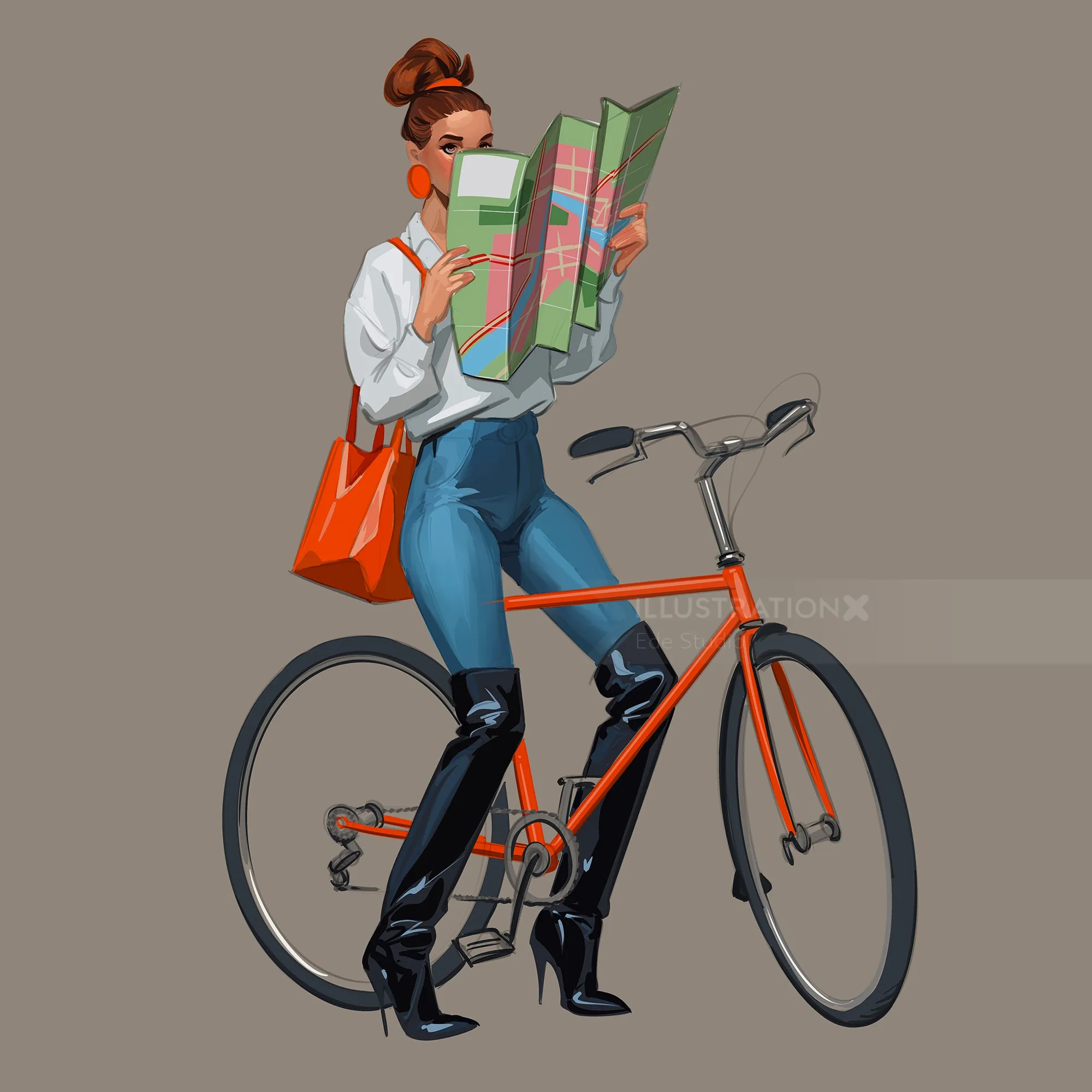 Woman on orange bicycle holding a map, by Ede Studio