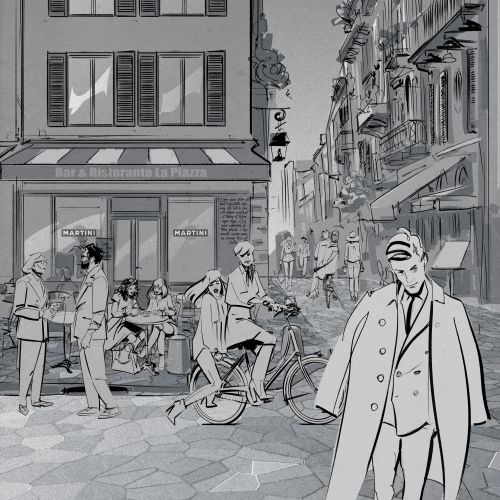 Italian street with people dining, cyclist, and man walking by Ede Studio