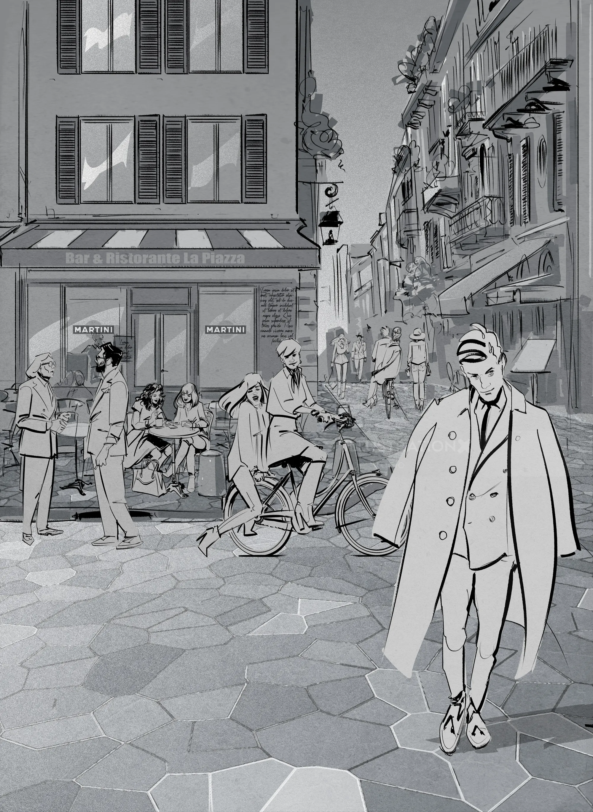 Italian street with people dining, cyclist, and man walking by Ede Studio