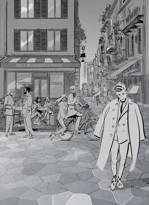 Italian street with people dining, cyclist, and man walking by Ede Studio