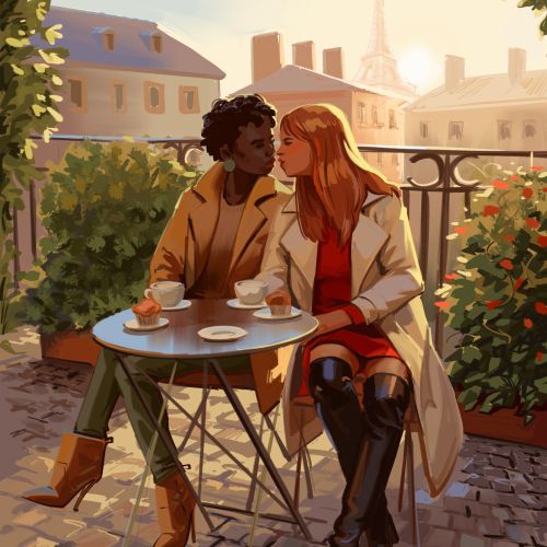 Couple sitting at a cafe table with cups and Eiffel Tower, by Ede Studio