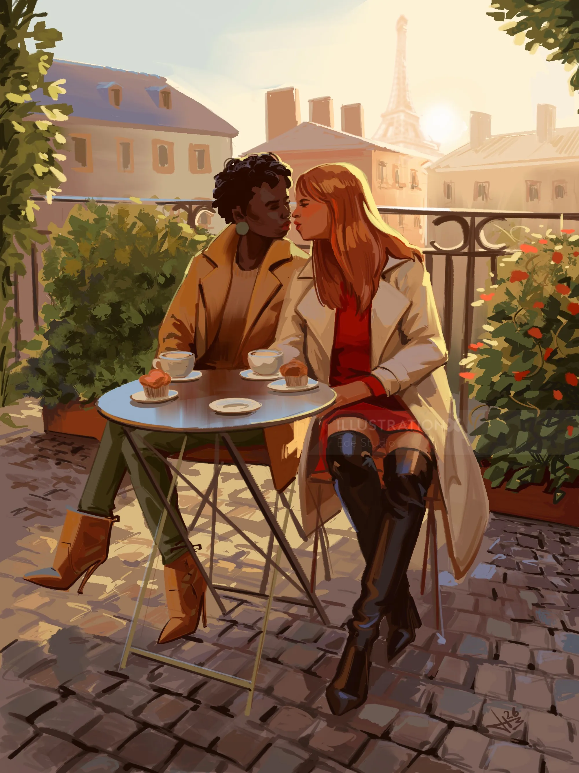 Couple sitting at a cafe table with cups and Eiffel Tower, by Ede Studio