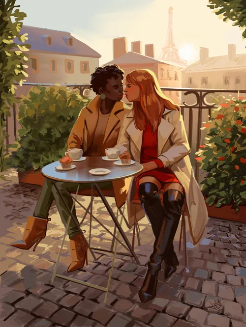 Couple sitting at a cafe table with cups and Eiffel Tower, by Ede Studio