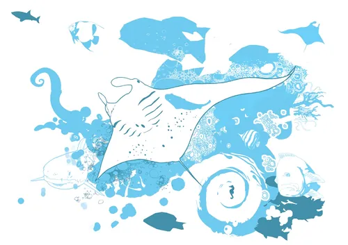 Abstract ocean scene with manta ray and marine creatures by Ede Studio