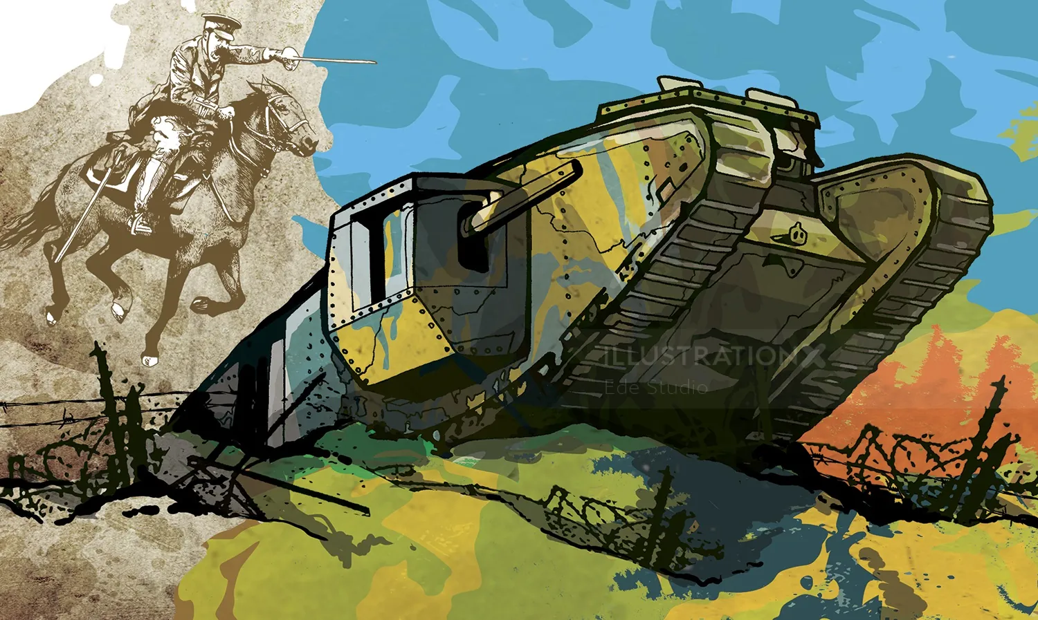 WW1 tank moving across battlefield with soldier on horseback behind by Ede Studio
