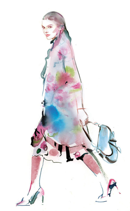 Watercolor drawing of beautiful girl with bag