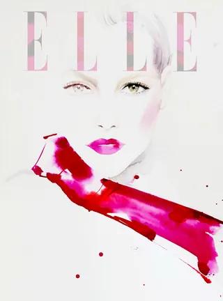 Watercolor portrait of a woman with red lipstick and red splash, Elise Lee