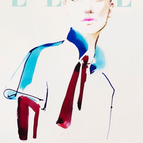 Watercolor fashion portrait of woman in colorful outfit by Elise Lee