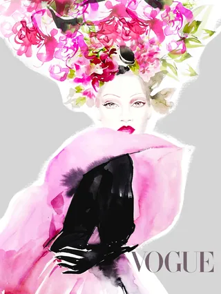 Fashion illustration of woman with pink flowers and fur, by Elise Lee