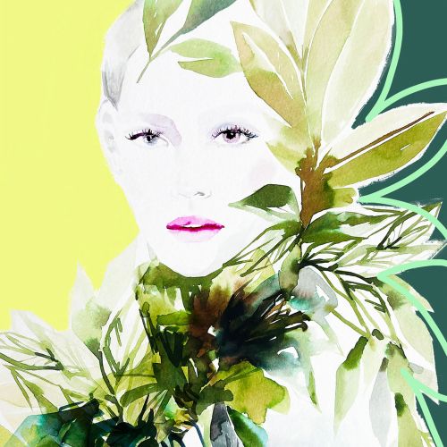 Watercolor portrait of a woman with green leaves by Elise Lee