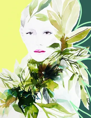 Watercolor portrait of a woman with green leaves by Elise Lee