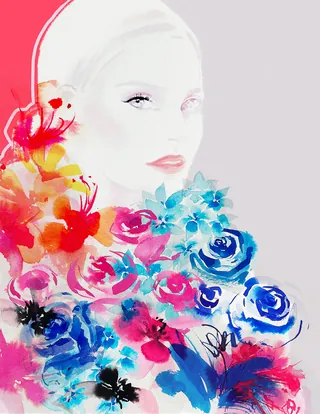 Watercolor portrait of a woman's face with colorful flowers, by Elise Lee