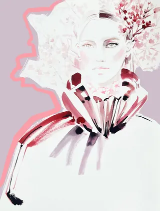 Abstract beauty portrait with soft pink and red florals by Elise Lee
