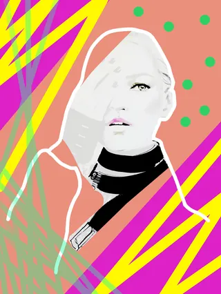 Abstract female portrait with vibrant yellow, pink, and green lines by Elise Lee