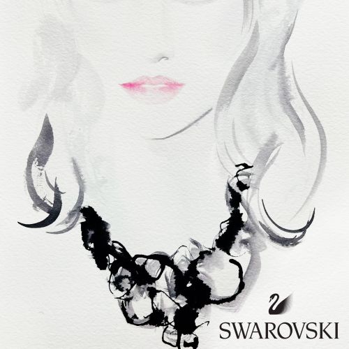 Watercolor portrait of woman wearing black Swarovski necklace by Elise Lee