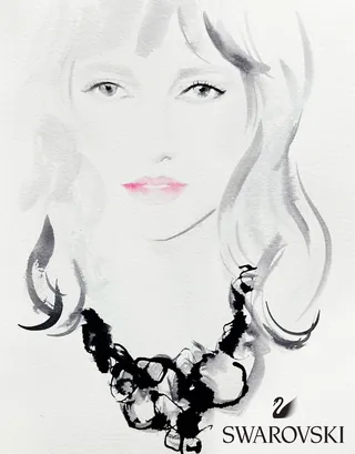 Watercolor portrait of woman wearing black Swarovski necklace by Elise Lee