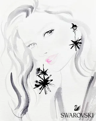 Watercolor portrait of woman wearing large Swarovski earrings by Elise Lee