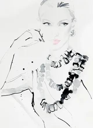 Stylized fashion portrait featuring bold statement jewelry by Elise Lee