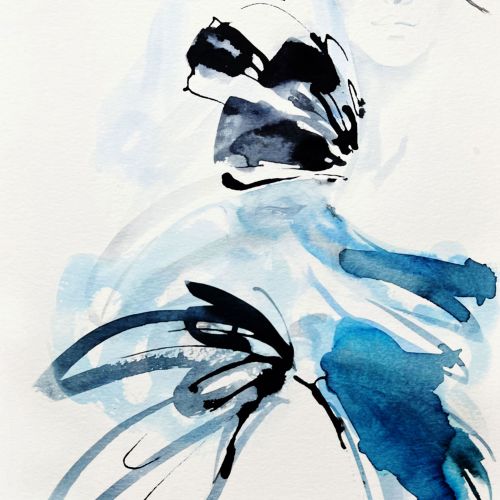 Abstract fashion portrait with blue and black brushstrokes by Elise Lee