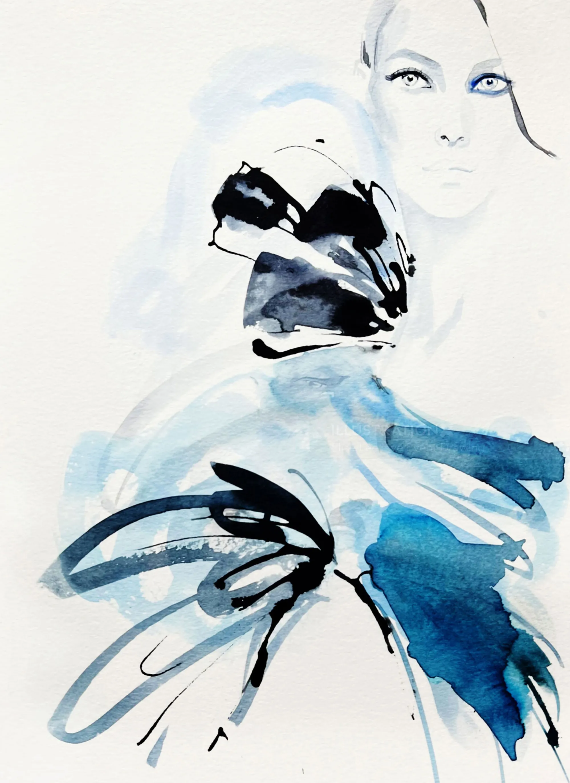 Abstract fashion portrait with blue and black brushstrokes by Elise Lee