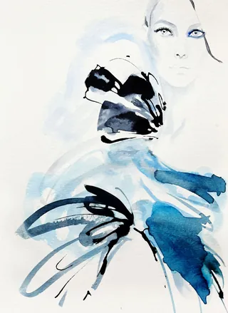 Abstract fashion portrait with blue and black brushstrokes by Elise Lee