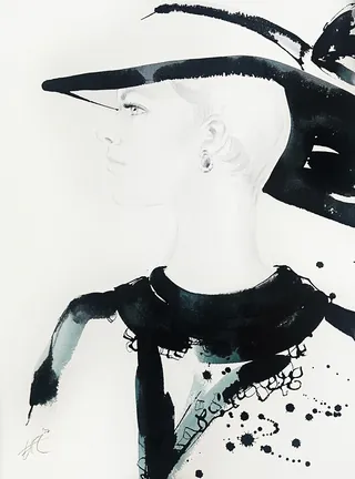 Black and white portrait of a person wearing a large feathered hat by Elise Lee