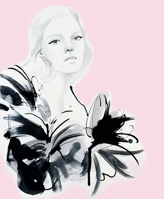Black and white fashion portrait with large floral shapes, by Elise Lee