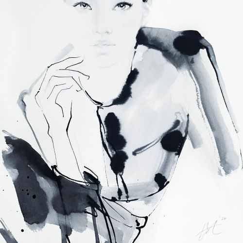 Monochrome portrait drawing by Elise Lee of a woman with hand near face