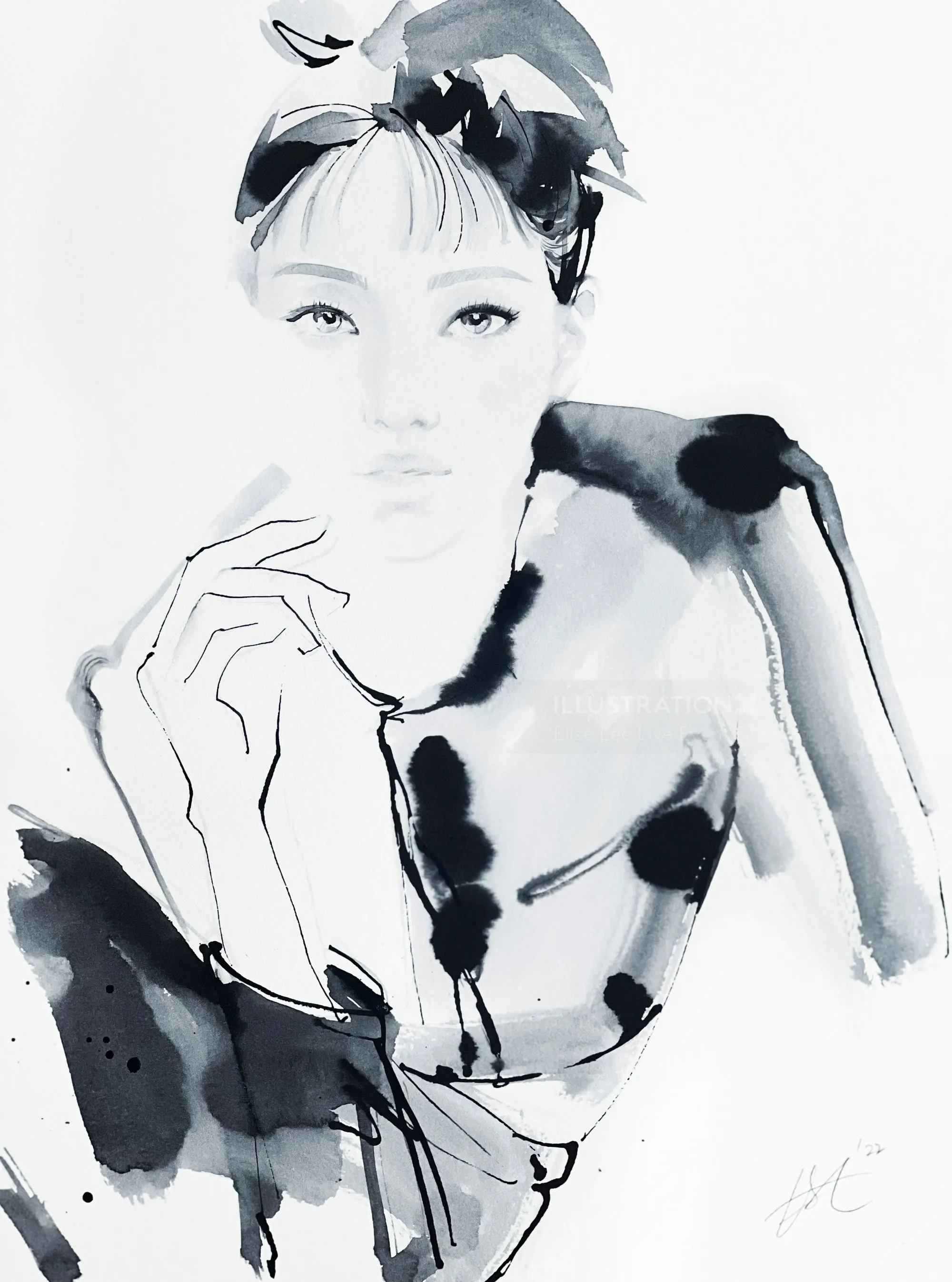 Monochrome portrait drawing by Elise Lee of a woman with hand near face