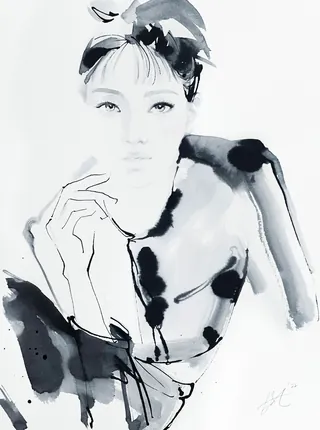 Monochrome portrait drawing by Elise Lee of a woman with hand near face