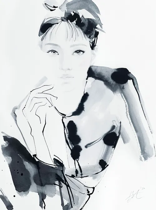 Monochrome portrait drawing by Elise Lee of a woman with hand near face