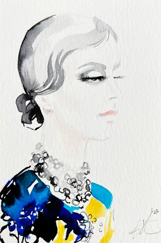 Watercolor portrait of woman in profile wearing necklace by Elise Lee