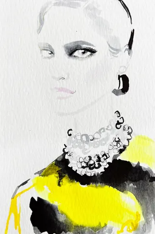 Watercolor portrait of woman with dark eyes and necklace by Elise Lee