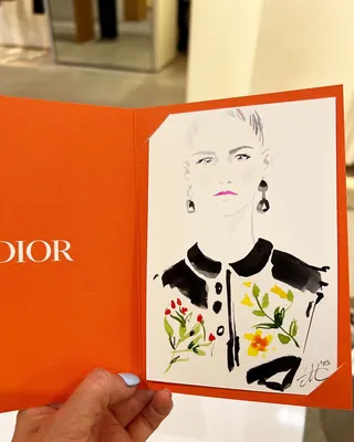 Fashion illustration on Dior-branded card by Elise Lee