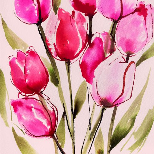 Watercolor painting of pink and red tulips by Elise Lee