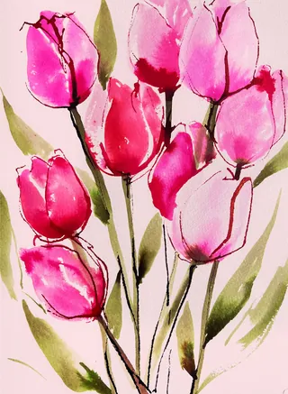 Watercolor painting of pink and red tulips by Elise Lee