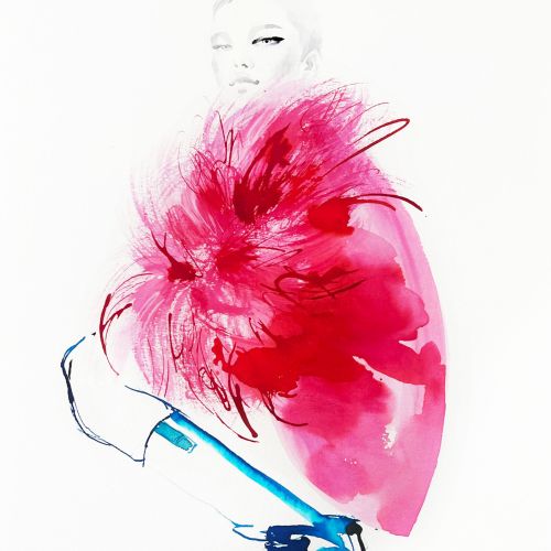Abstract figure in red dress crouching, blue shoes, by Elise Lee