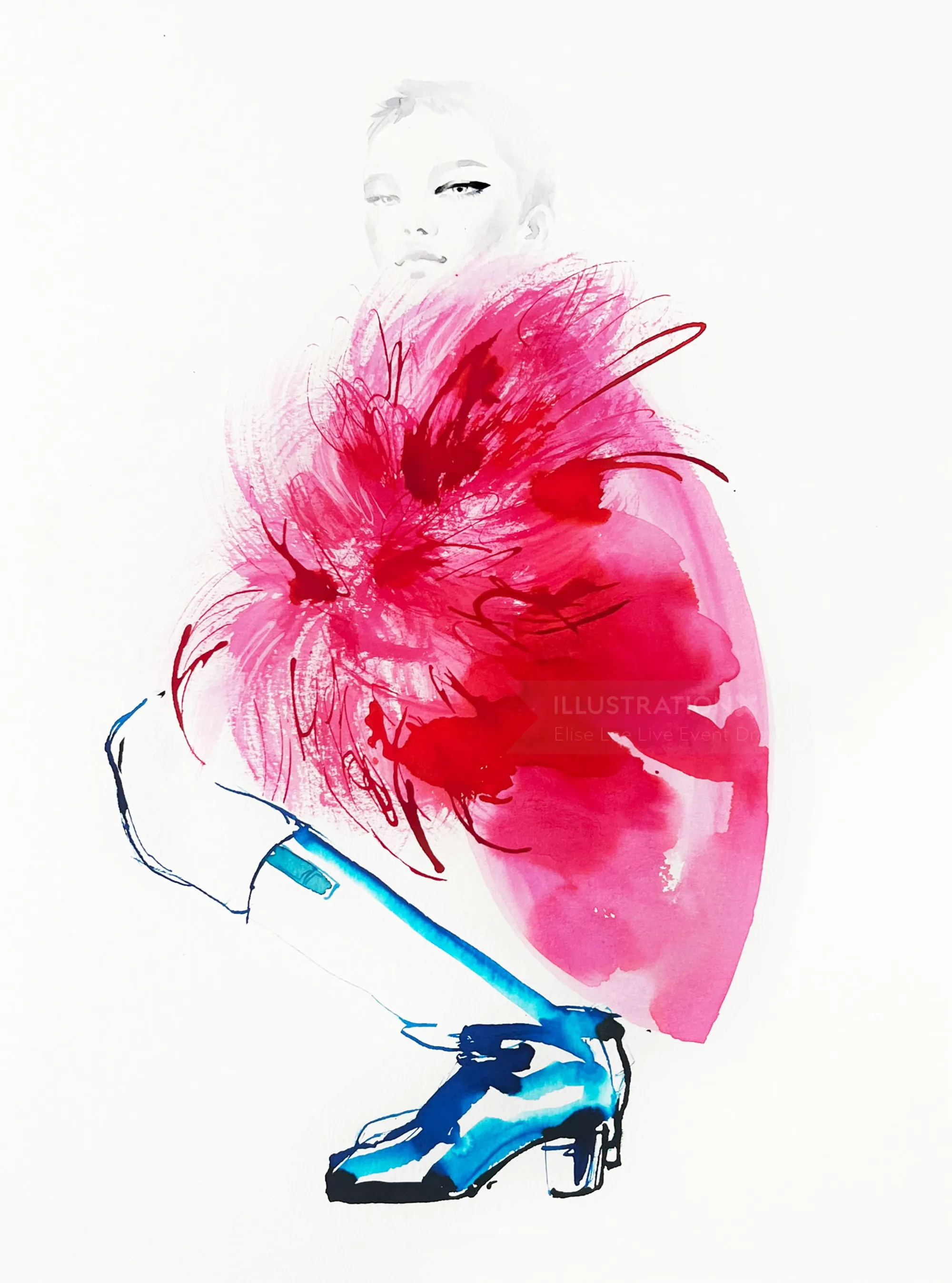 Abstract figure in red dress crouching, blue shoes, by Elise Lee