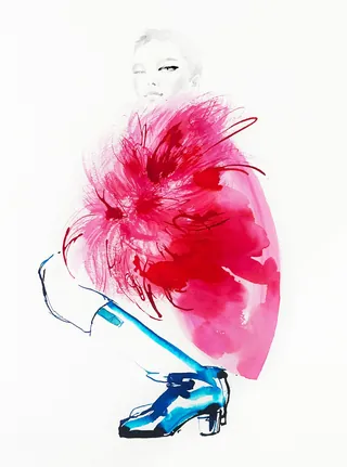 Abstract figure in red dress crouching, blue shoes, by Elise Lee