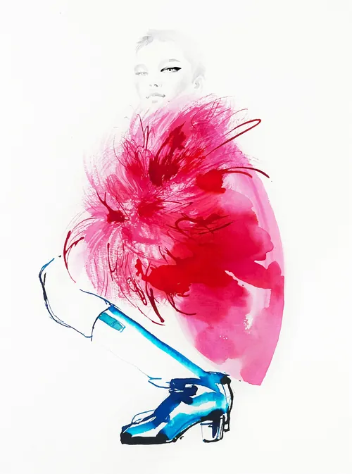 Abstract figure in red dress crouching, blue shoes, by Elise Lee