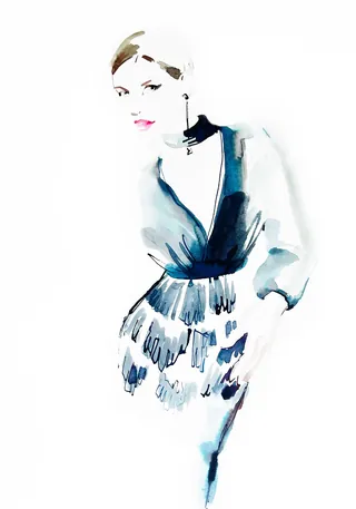Watercolor sketch of a woman posing in stylish dress by Elise Lee