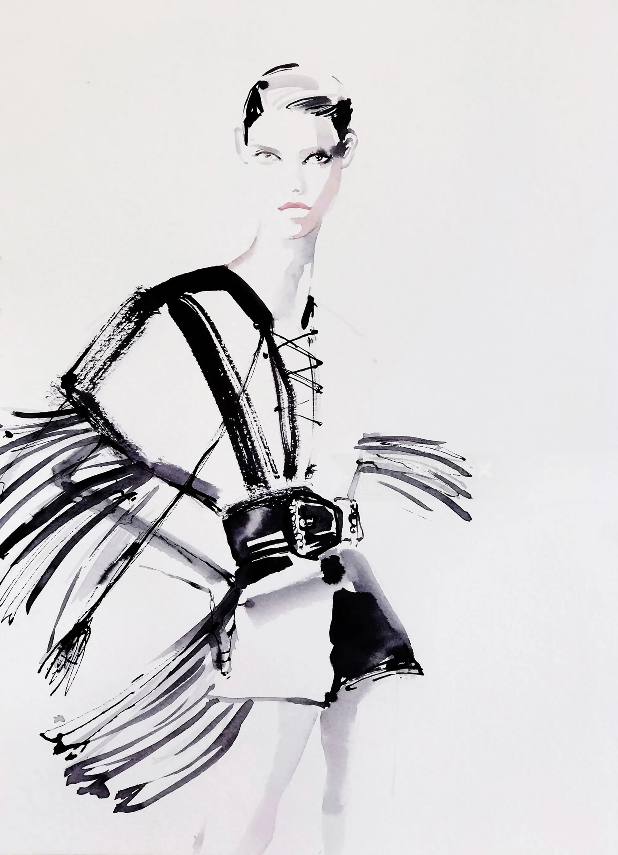 Monochrome fashion sketch with bold strokes by Elise Lee