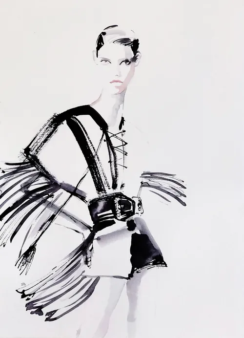 Monochrome fashion sketch with bold strokes by Elise Lee