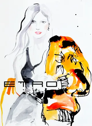 Fashion illustration of a woman wearing an orange patterned jacket by Elise Lee