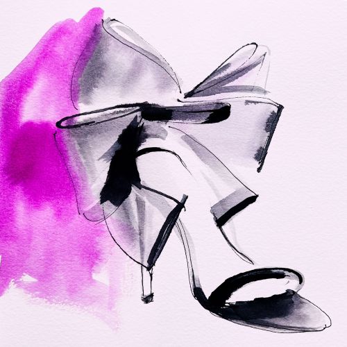 Sketch of a Jimmy Choo high heel with purple watercolor wash by Elise Lee