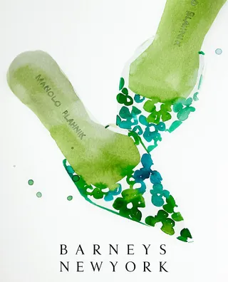 Watercolor of green Manolo Blahnik shoes with floral design by Elise Lee