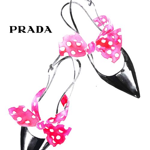 Illustration of Prada black pointed shoes with pink polka dot bows by Elise Lee