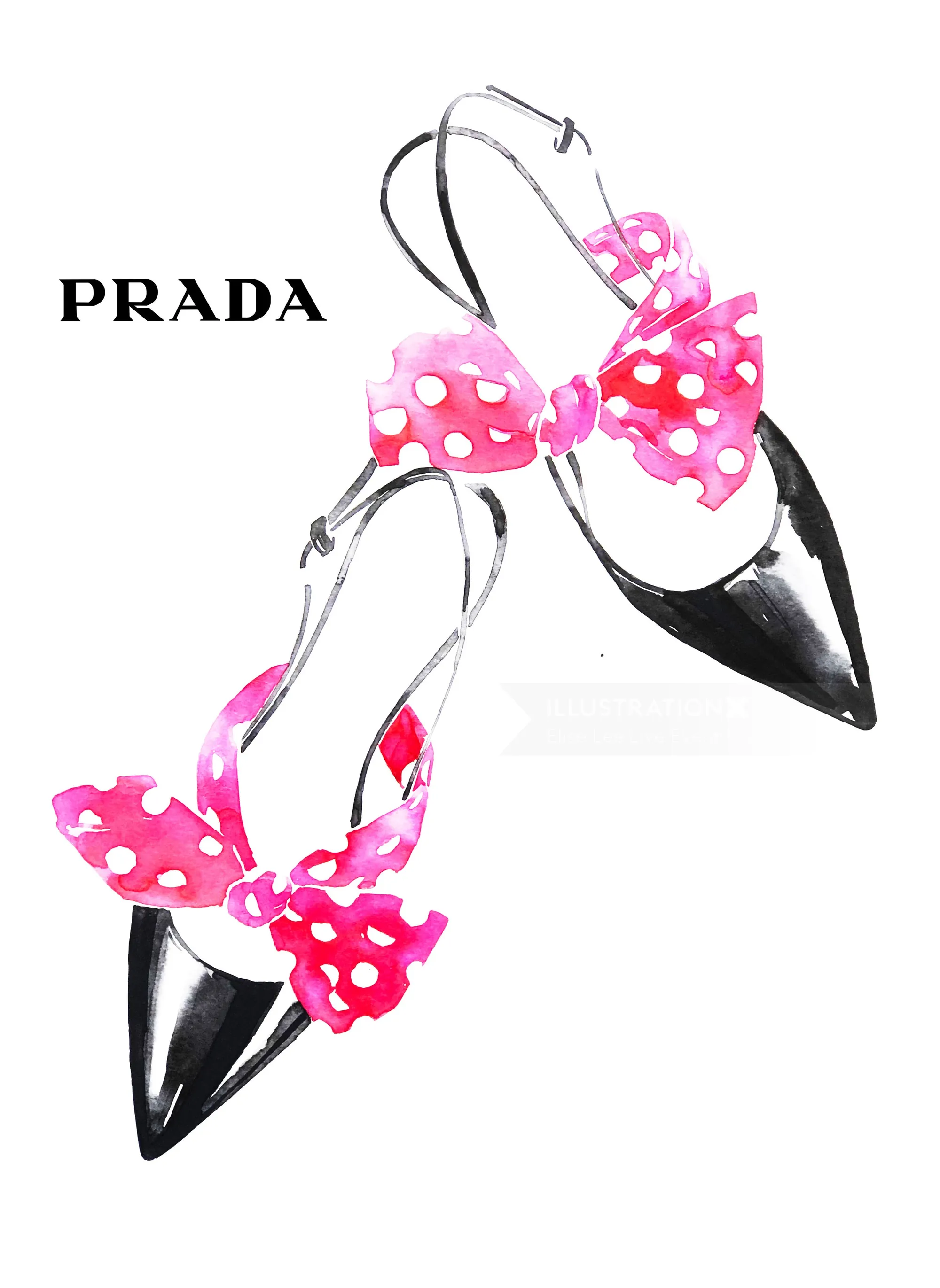 Illustration of Prada black pointed shoes with pink polka dot bows by Elise Lee