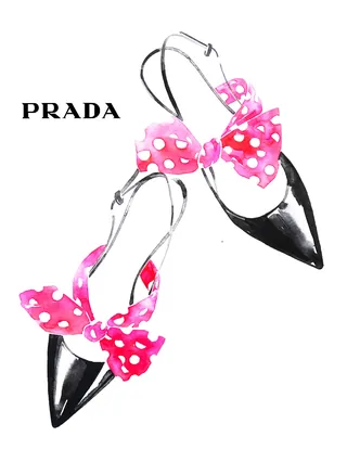 Illustration of Prada black pointed shoes with pink polka dot bows by Elise Lee
