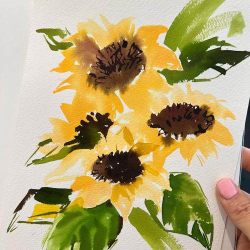Watercolor painting of bright sunflowers by Elise Lee